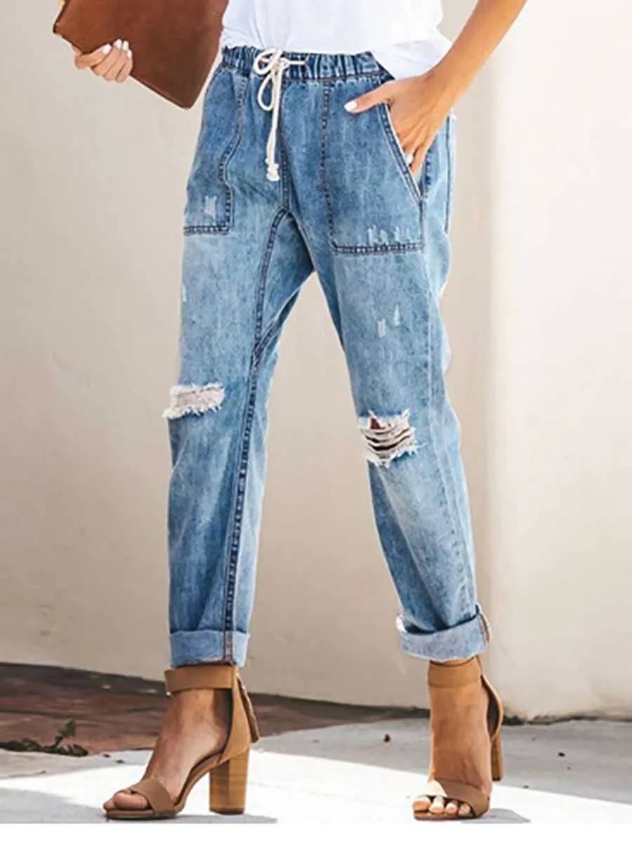 Stunncal Drawstring elastic waist ripped denim pants casual pants