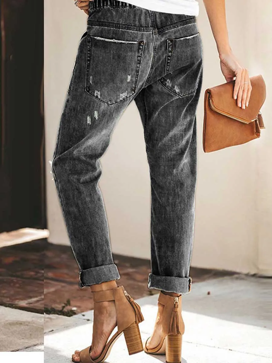 Stunncal Drawstring elastic waist ripped denim pants casual pants