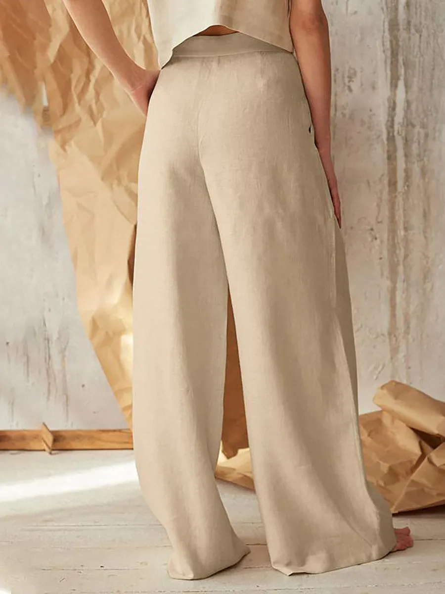 Stunncal Solid Color High Waist Casual Button Wide Leg Pants