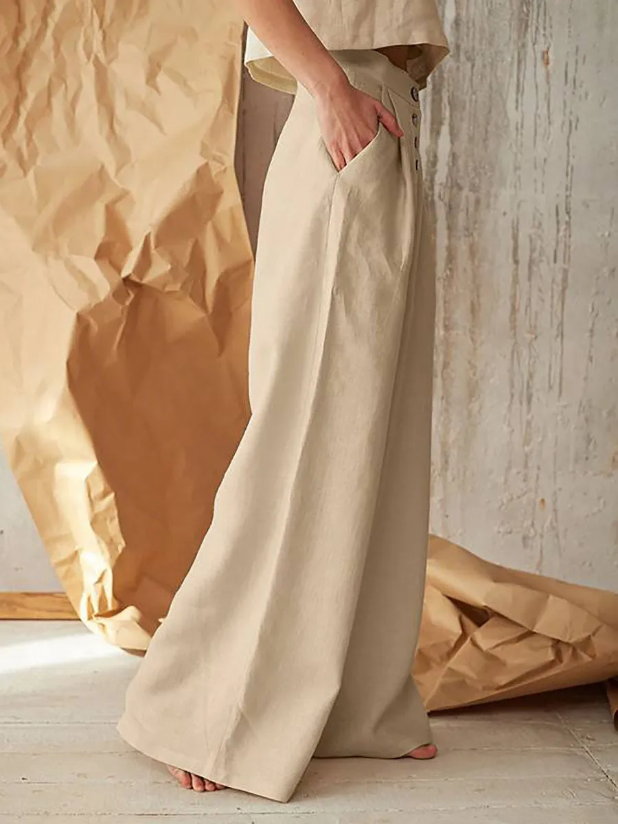 Stunncal Solid Color High Waist Casual Button Wide Leg Pants