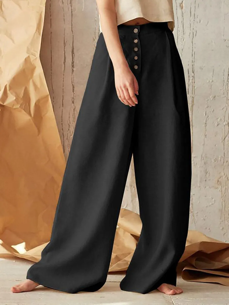 Stunncal Solid Color High Waist Casual Button Wide Leg Pants