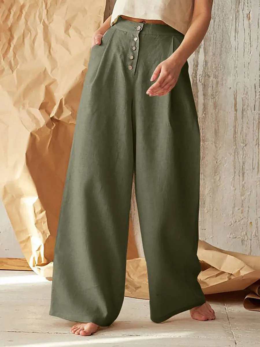 Stunncal Solid Color High Waist Casual Button Wide Leg Pants