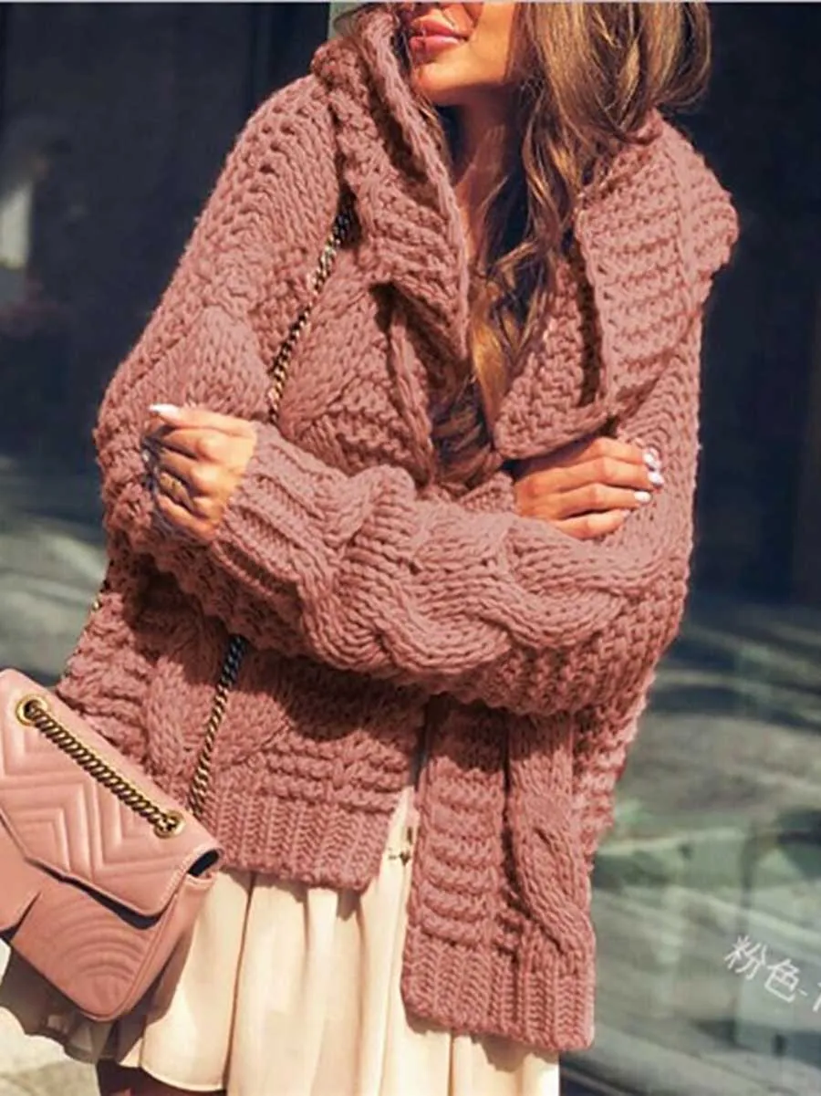 Stunncal Twist Hat Cardigan Solid Color Chunky Knit Sweater