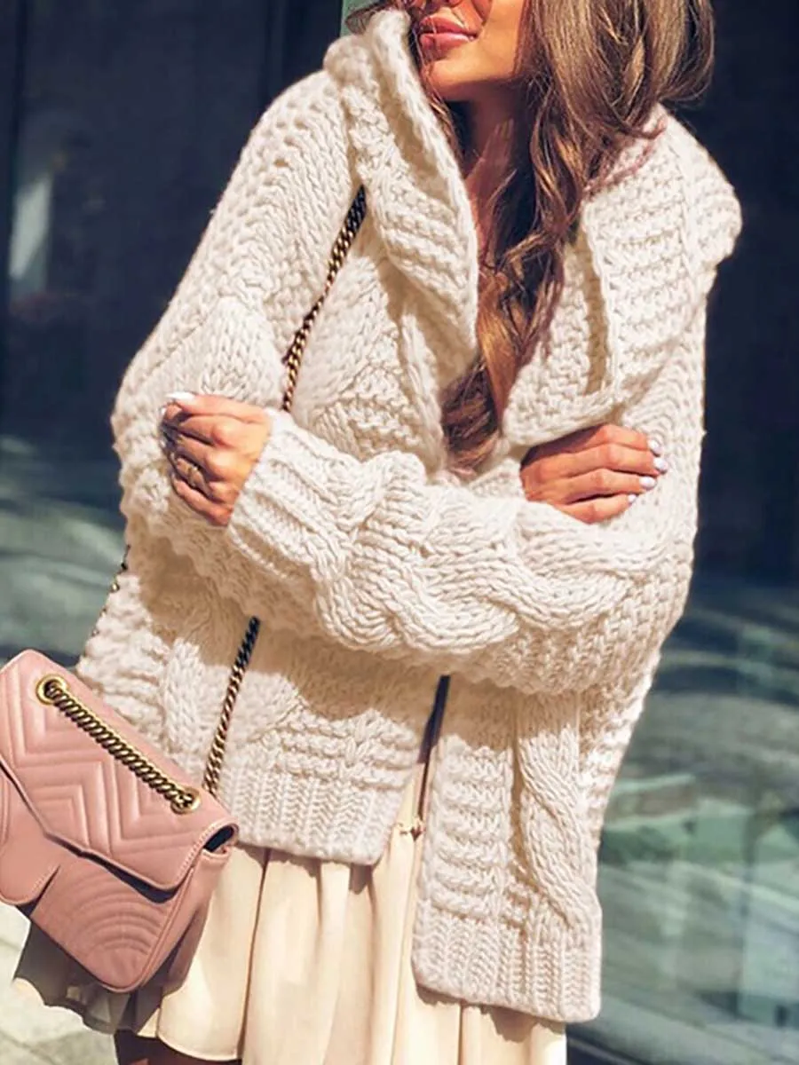 Stunncal Twist Hat Cardigan Solid Color Chunky Knit Sweater