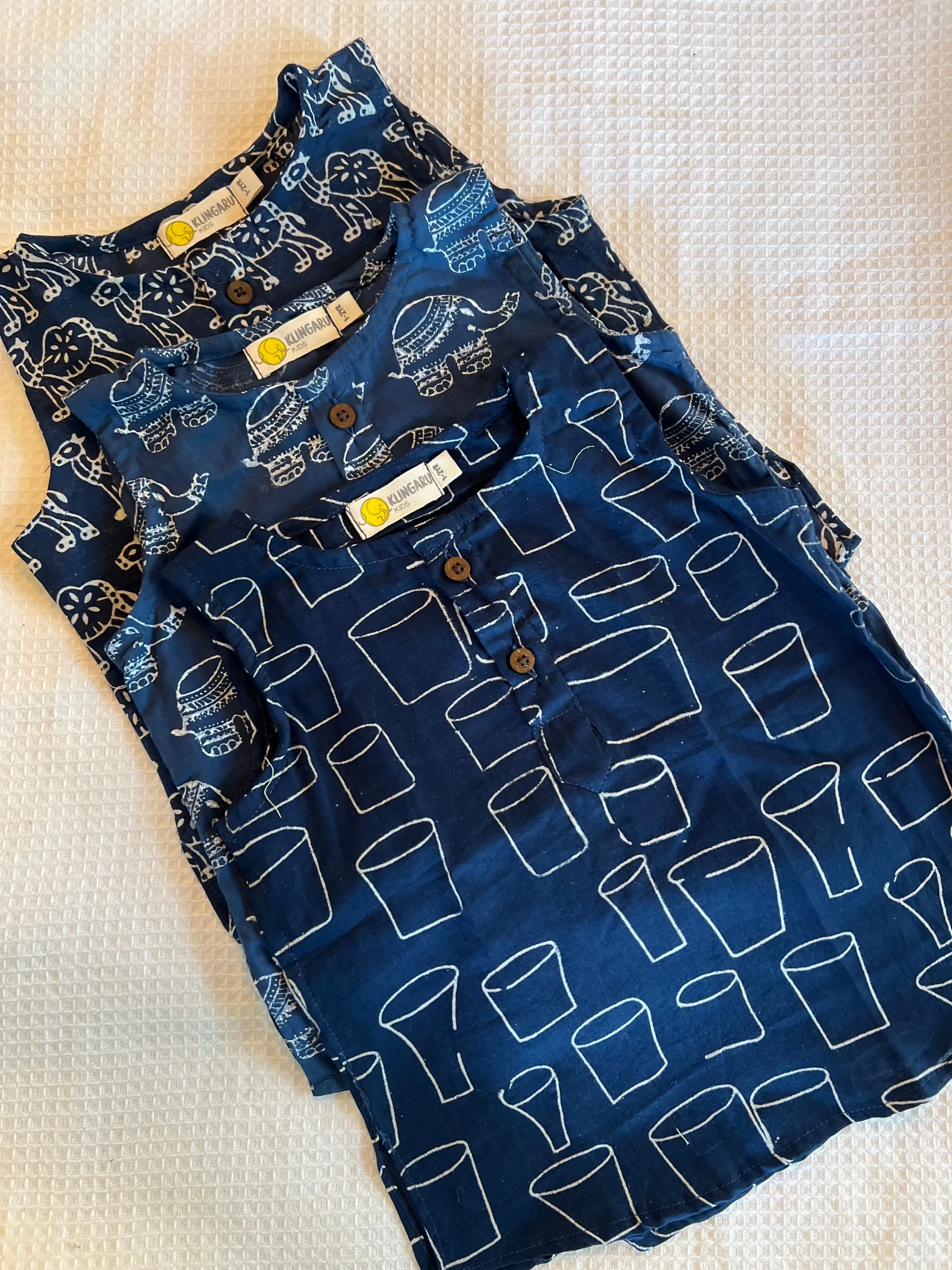 Summer Sleeveless Unisex Short Kurtas- Indigo Prints (last few pieces)