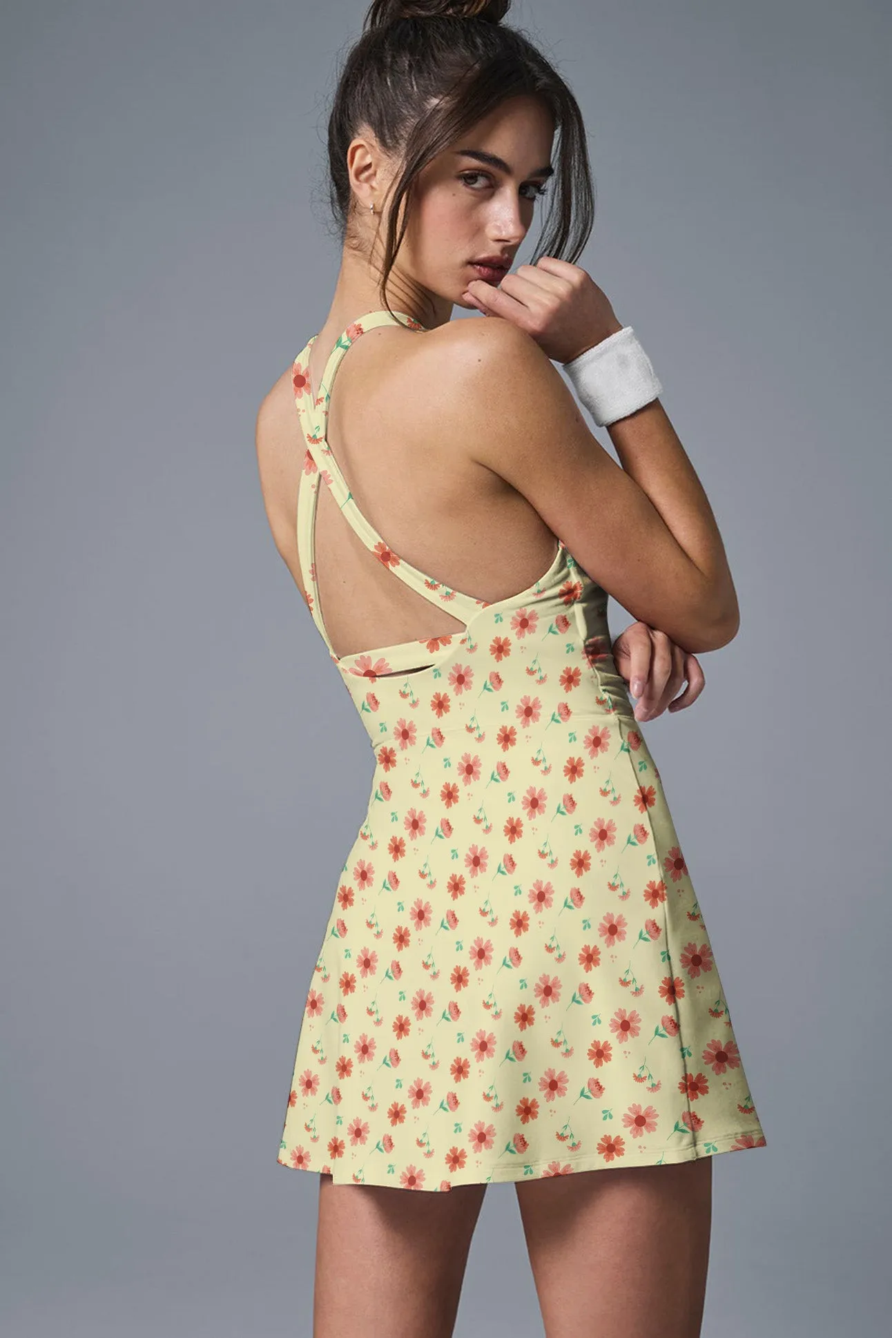 Sun-Kissed Serve – Yellow Tennis Dress with Tiny Cherry Blossom Print