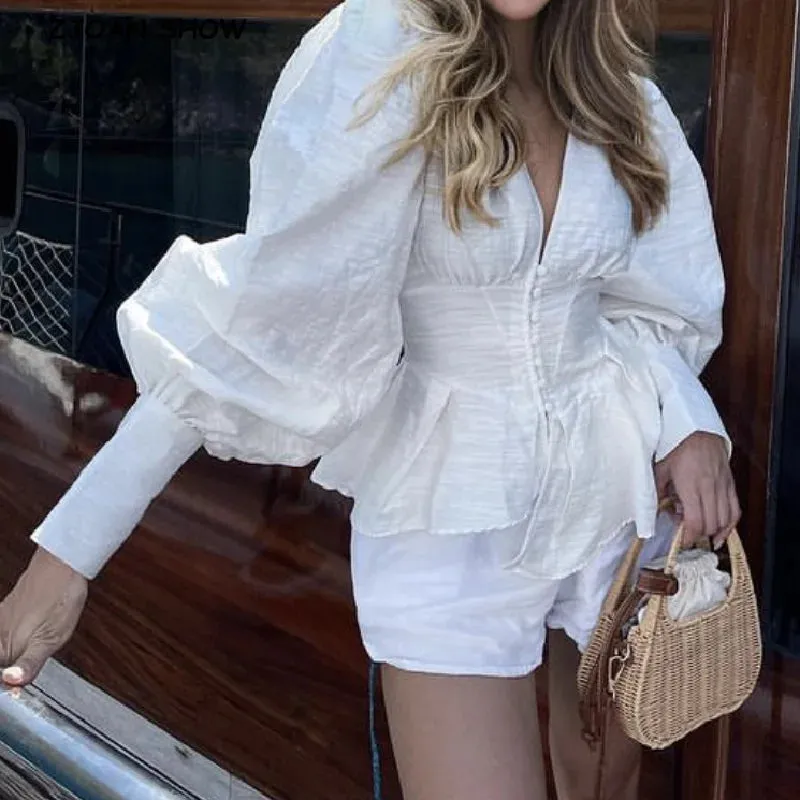 Sweet Corset Asymmetric French Full White Top