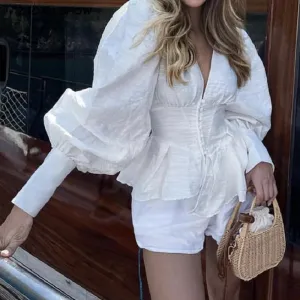 Sweet Corset Asymmetric French Full White Top