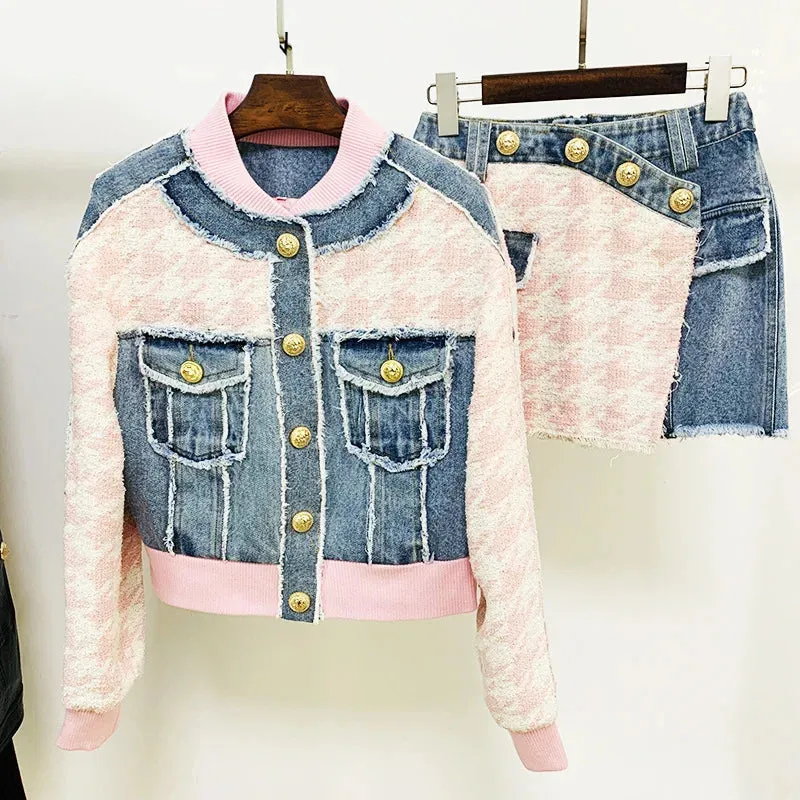 Sweet Elegant Plaid Stitching Denim Baseball Uniform   Mini Skirt Sets