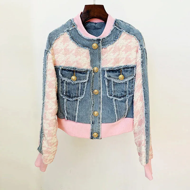 Sweet Elegant Plaid Stitching Denim Baseball Uniform   Mini Skirt Sets
