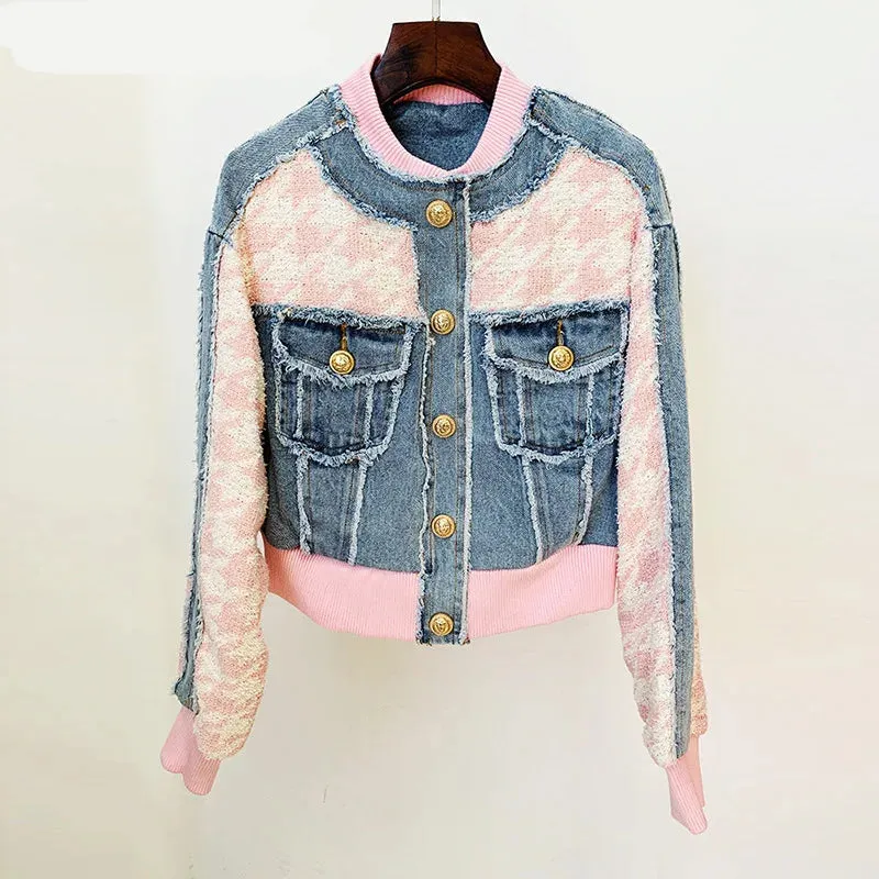 Sweet Elegant Plaid Stitching Denim Baseball Uniform   Mini Skirt Sets