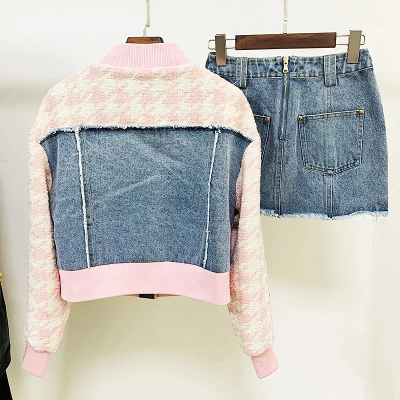 Sweet Elegant Plaid Stitching Denim Baseball Uniform   Mini Skirt Sets