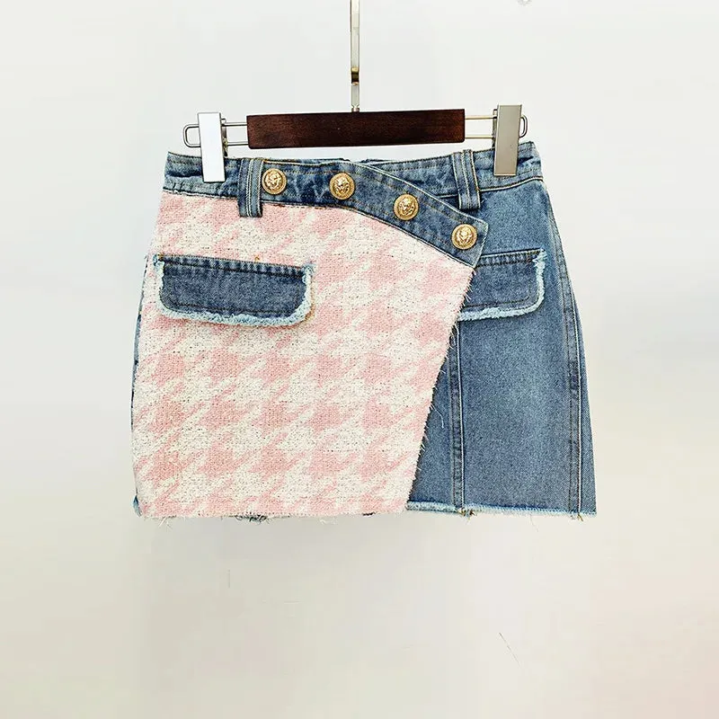 Sweet Elegant Plaid Stitching Denim Baseball Uniform   Mini Skirt Sets