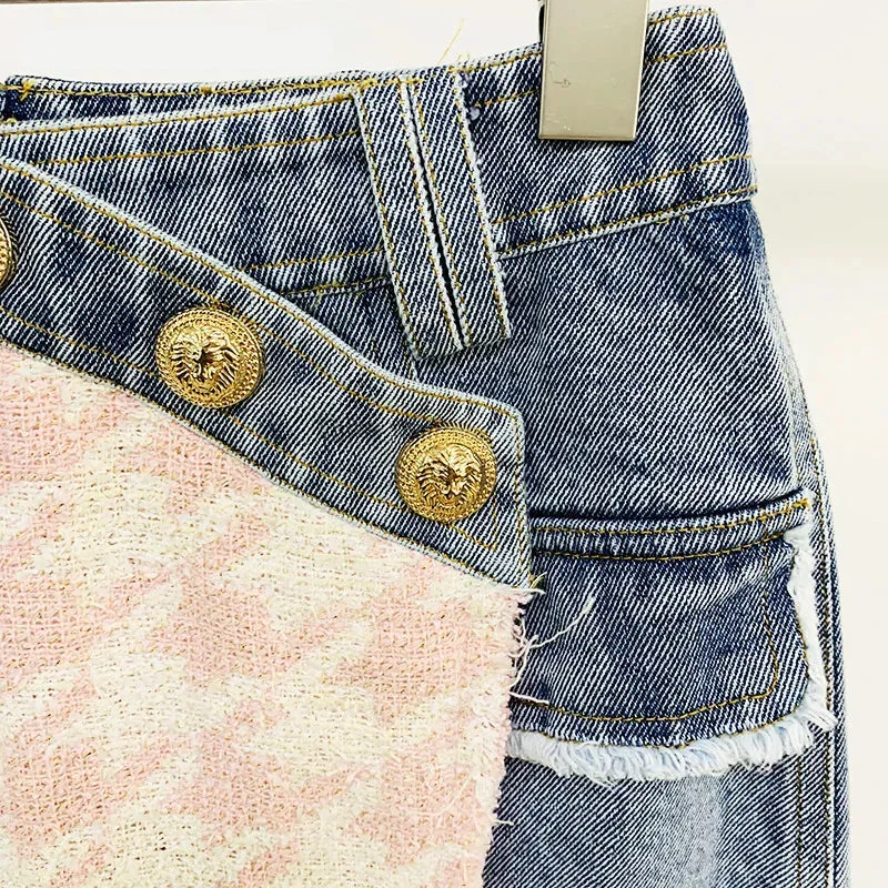 Sweet Elegant Plaid Stitching Denim Baseball Uniform   Mini Skirt Sets
