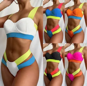 Swimwear, Bikini, Fashion Swimwear, Neon Swimwear, S, M, L, XL, 32, 34, 36, 38, Beach Wear Colour Block Cut Out, 2 piece Bikini Set,Handmade