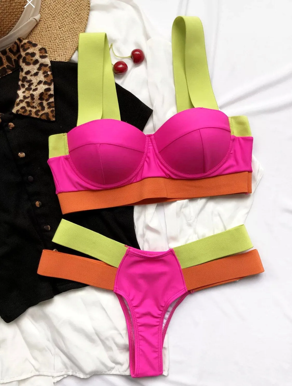 Swimwear, Bikini, Fashion Swimwear, Neon Swimwear, S, M, L, XL, 32, 34, 36, 38, Beach Wear Colour Block Cut Out, 2 piece Bikini Set,Handmade