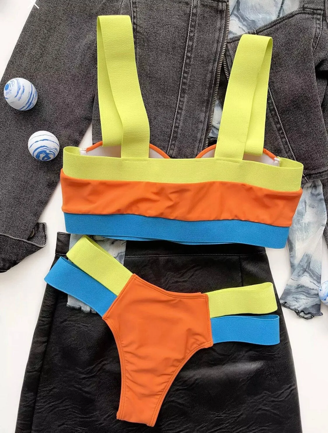Swimwear, Bikini, Fashion Swimwear, Neon Swimwear, S, M, L, XL, 32, 34, 36, 38, Beach Wear Colour Block Cut Out, 2 piece Bikini Set,Handmade