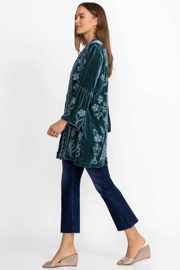 Talithia Velvet Ruffle Sleeve Kimono in Peacock