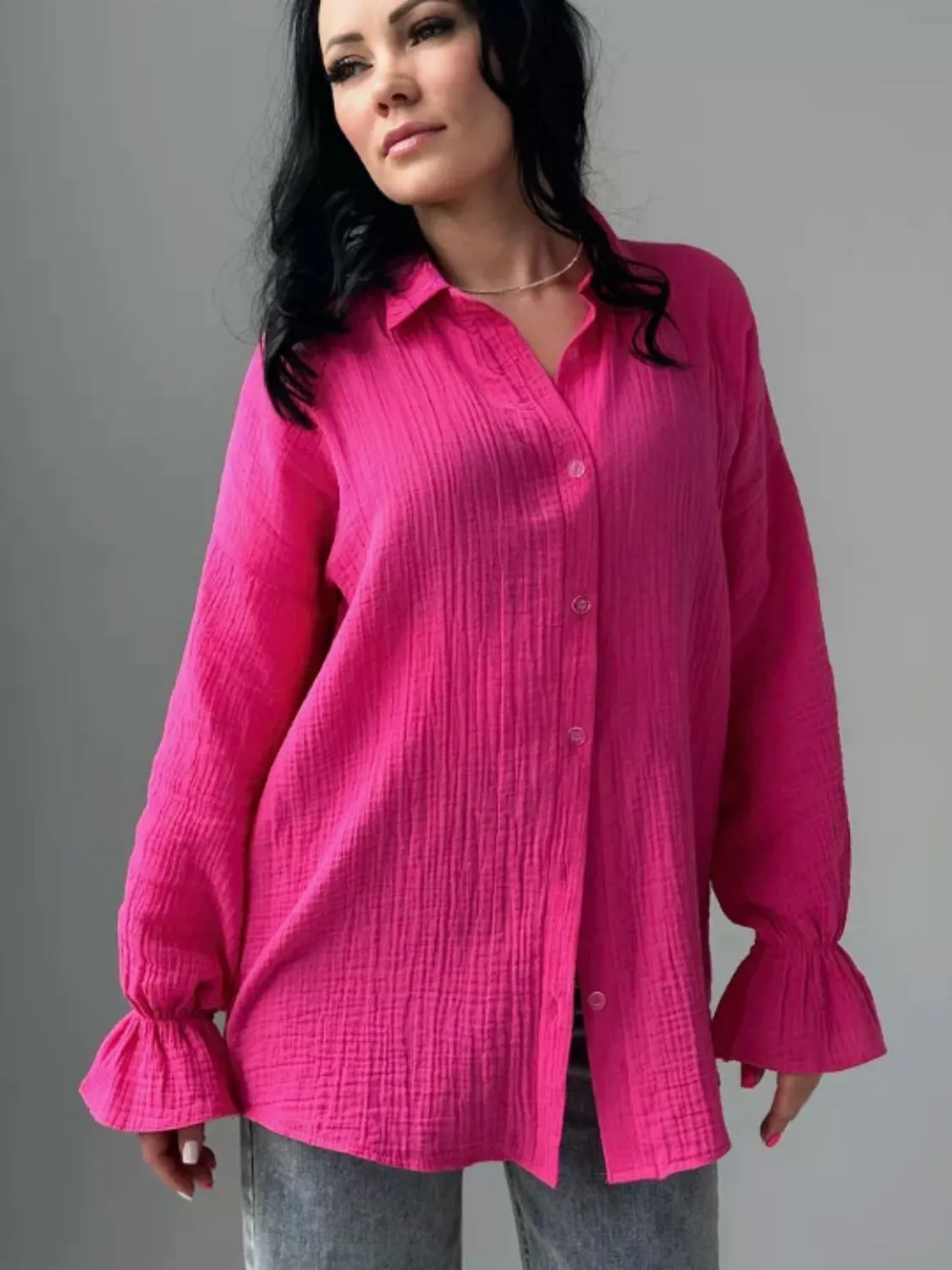 Textured Collared Neck Flounce Sleeve Shirt S-2XL