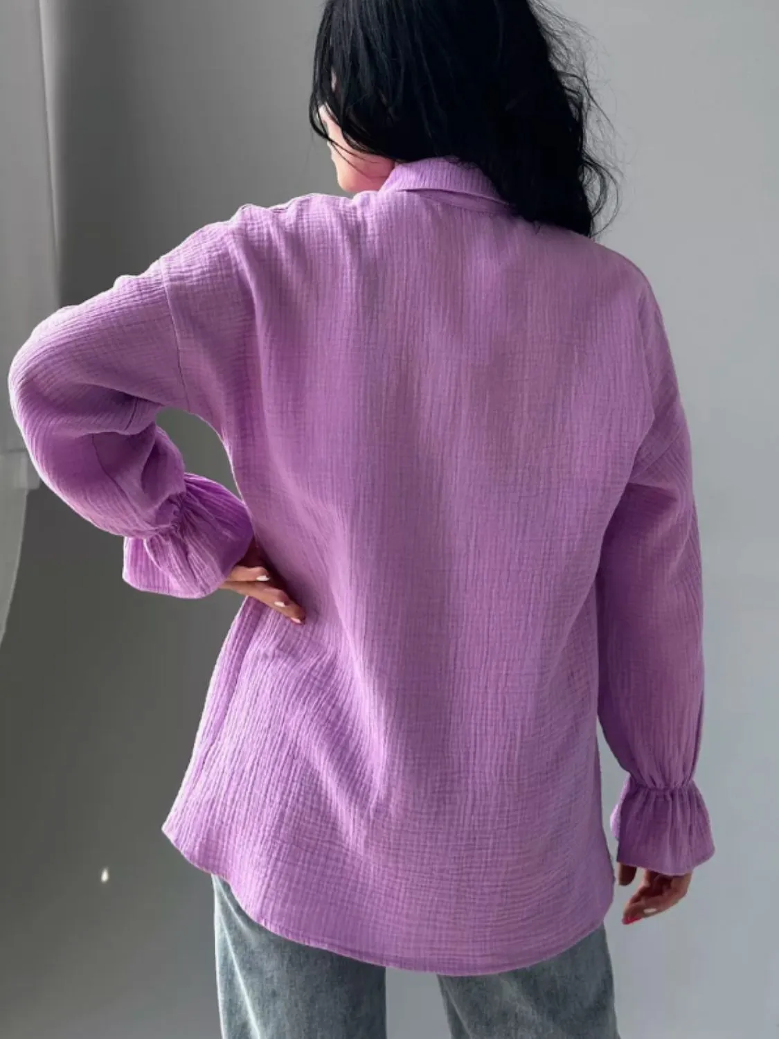 Textured Collared Neck Flounce Sleeve Shirt S-2XL