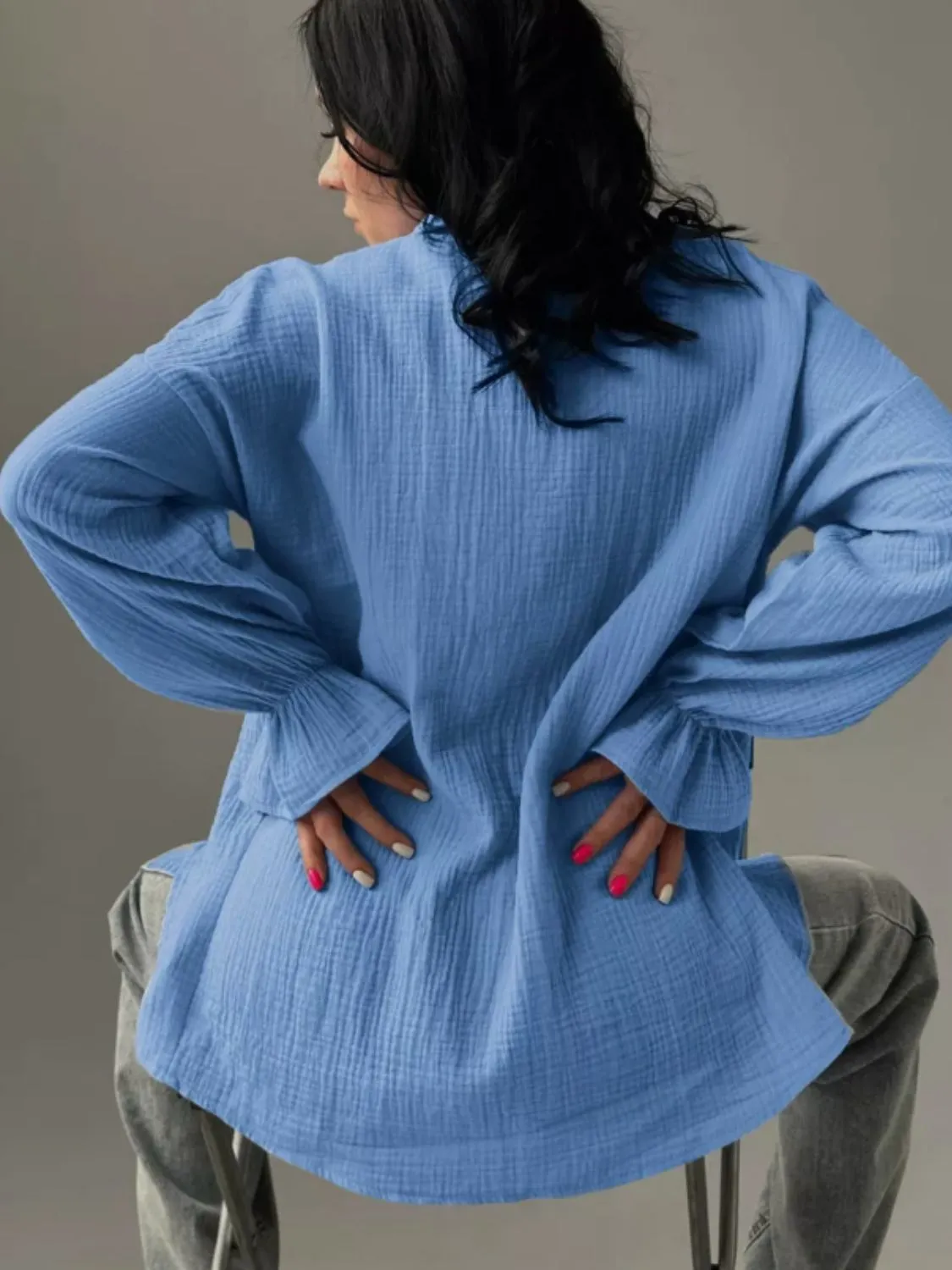 Textured Collared Neck Flounce Sleeve Shirt S-2XL
