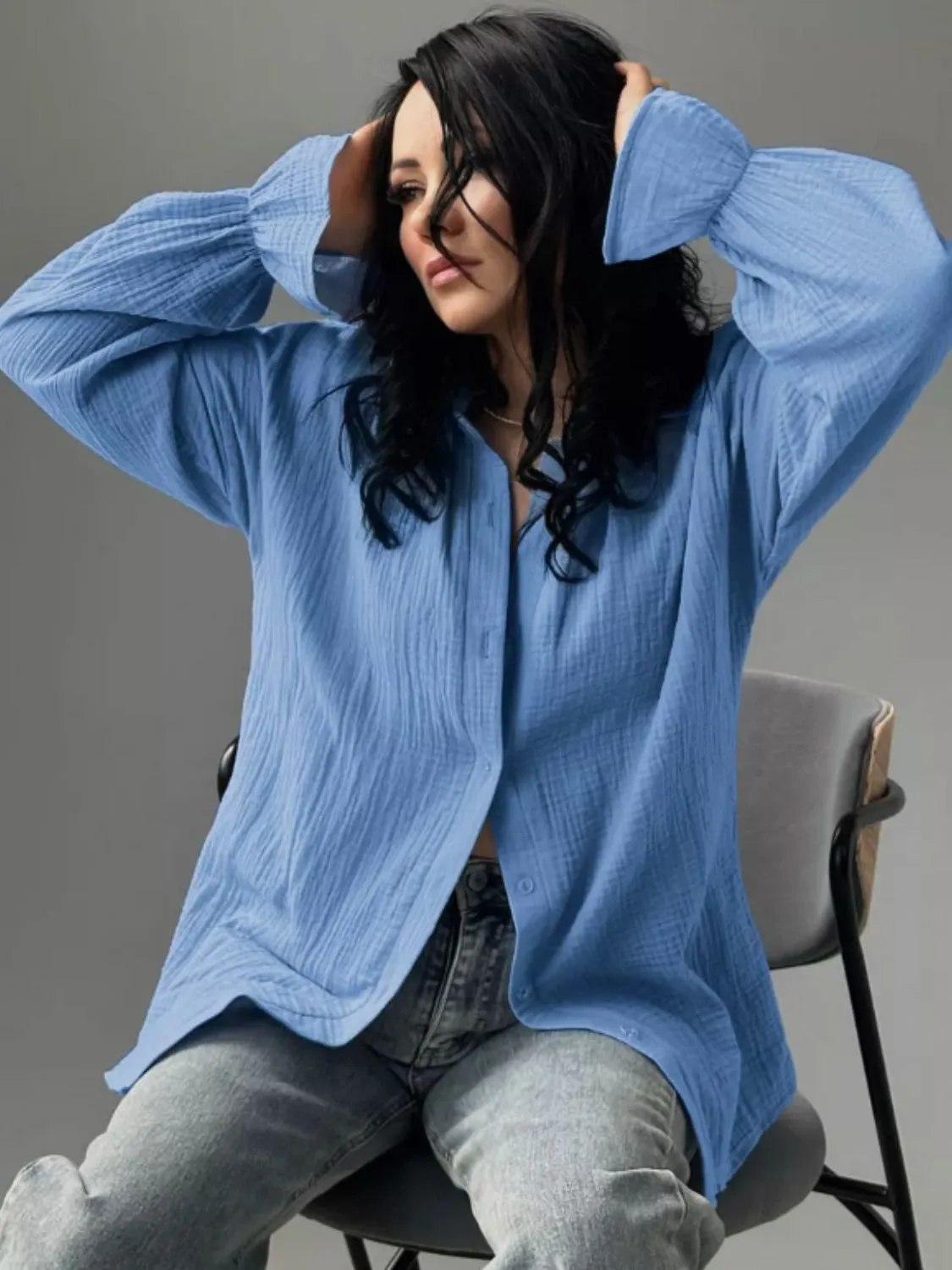 Textured Collared Neck Flounce Sleeve Shirt S-2XL