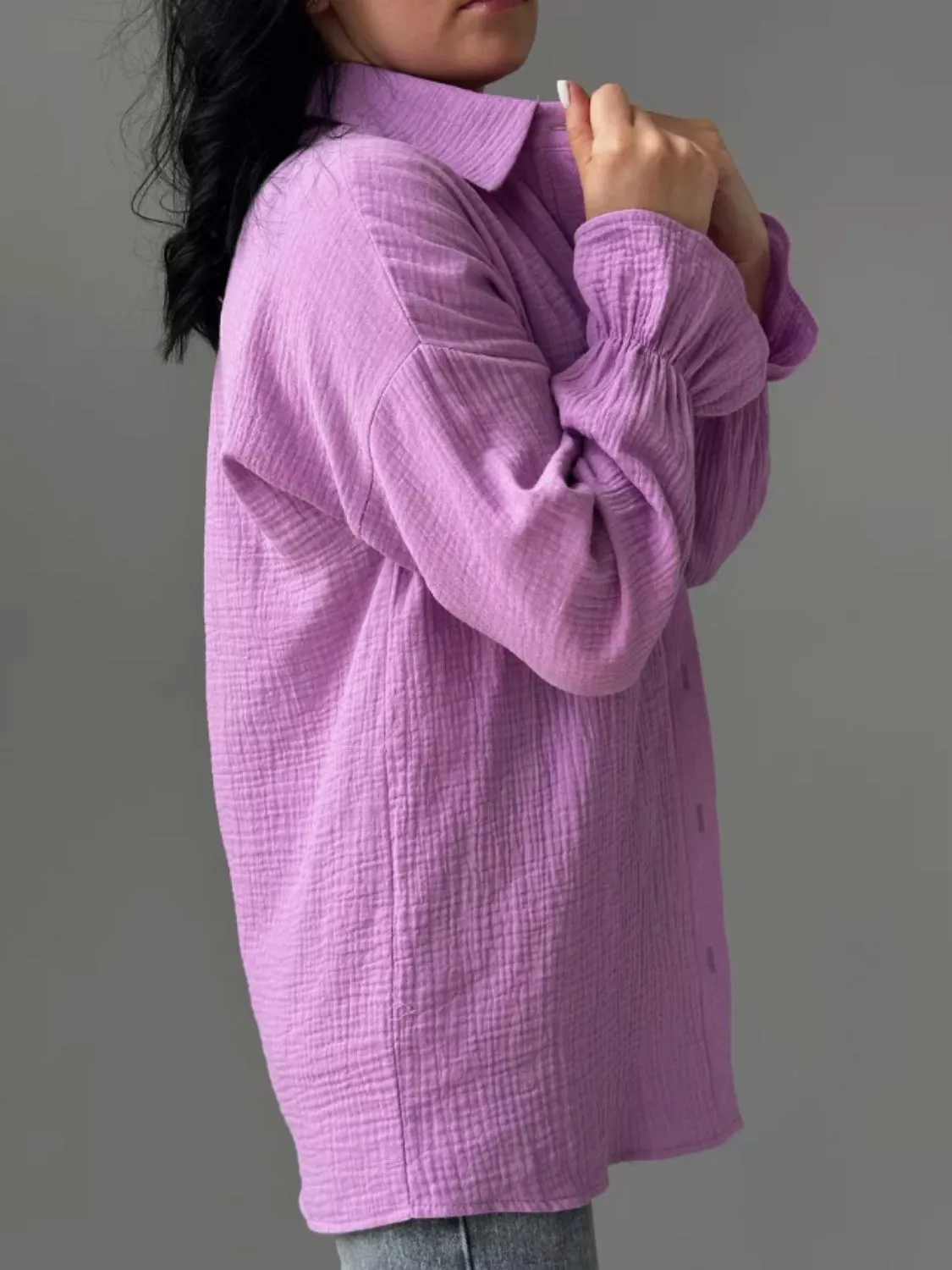 Textured Collared Neck Flounce Sleeve Shirt S-2XL