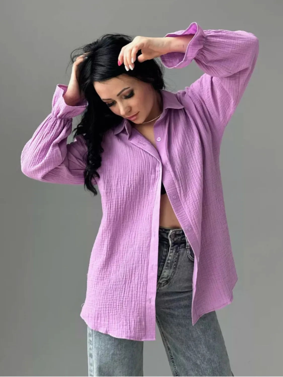 Textured Collared Neck Flounce Sleeve Shirt S-2XL
