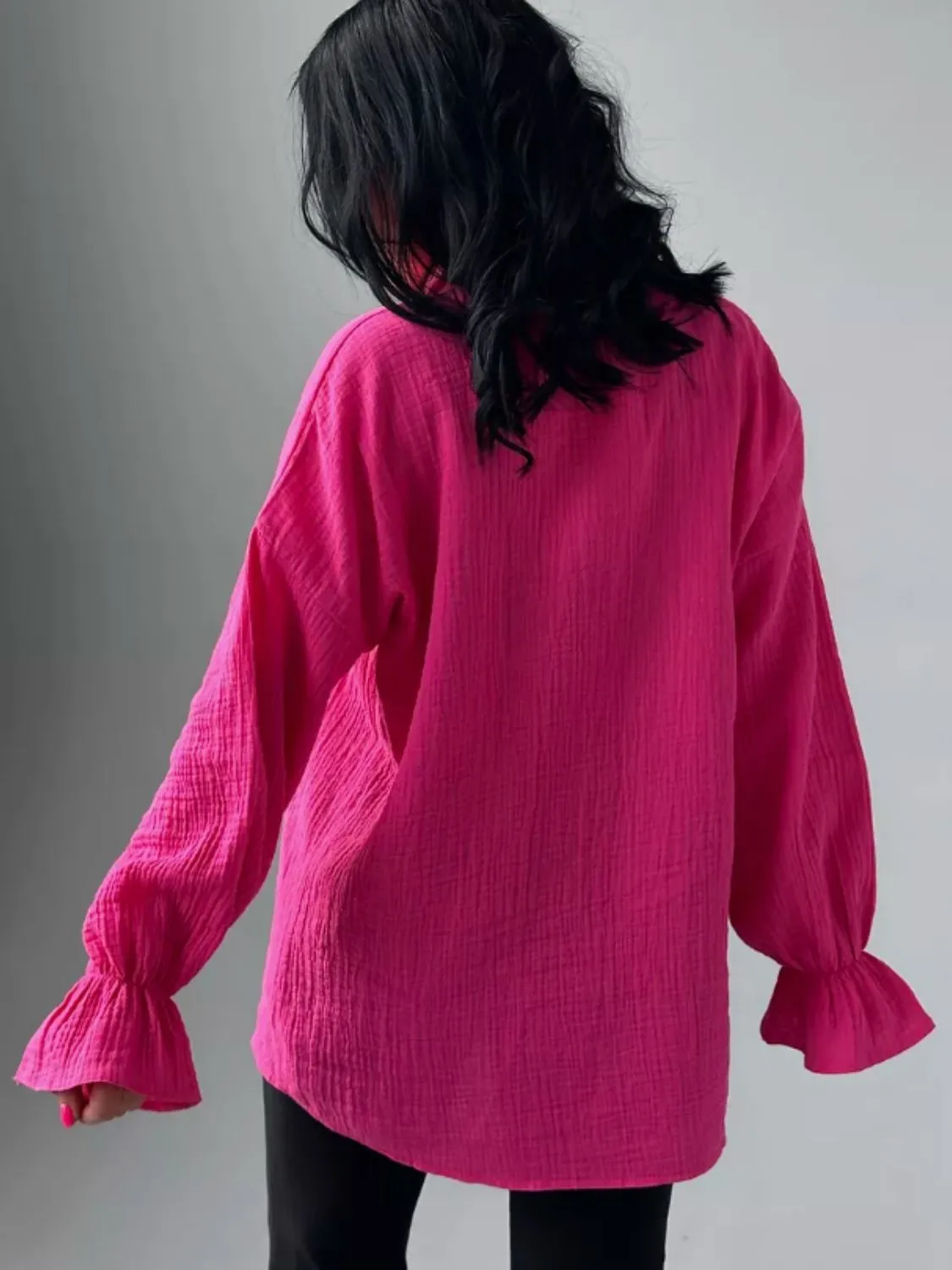 Textured Collared Neck Flounce Sleeve Shirt S-2XL