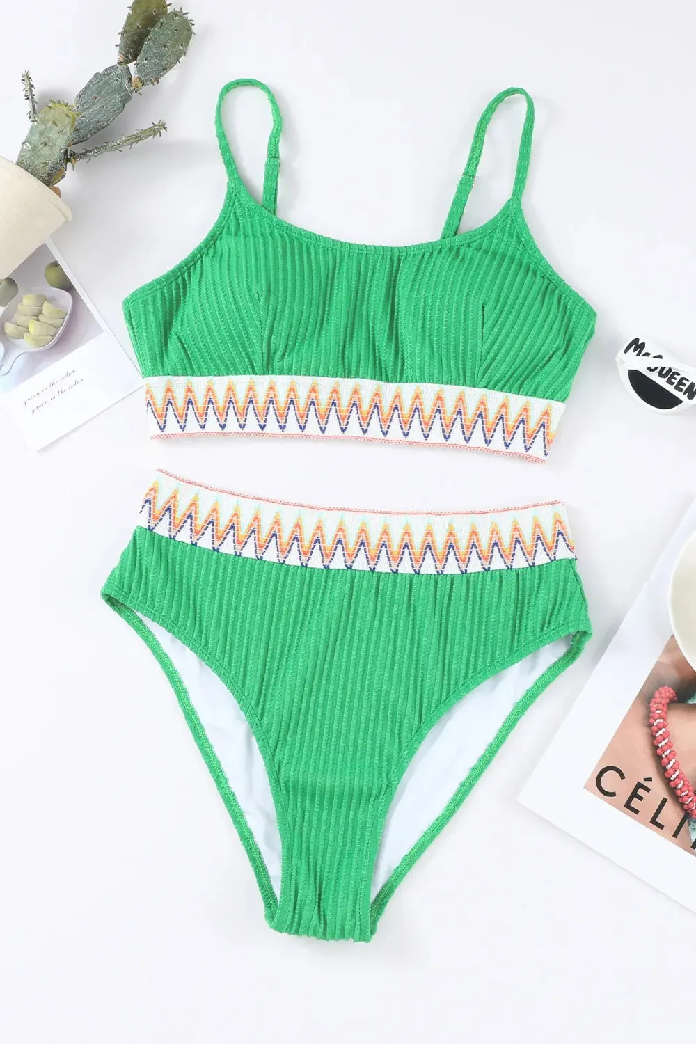 Textured Contrast Banding Bikini High Waist 2pcs Swimsuit