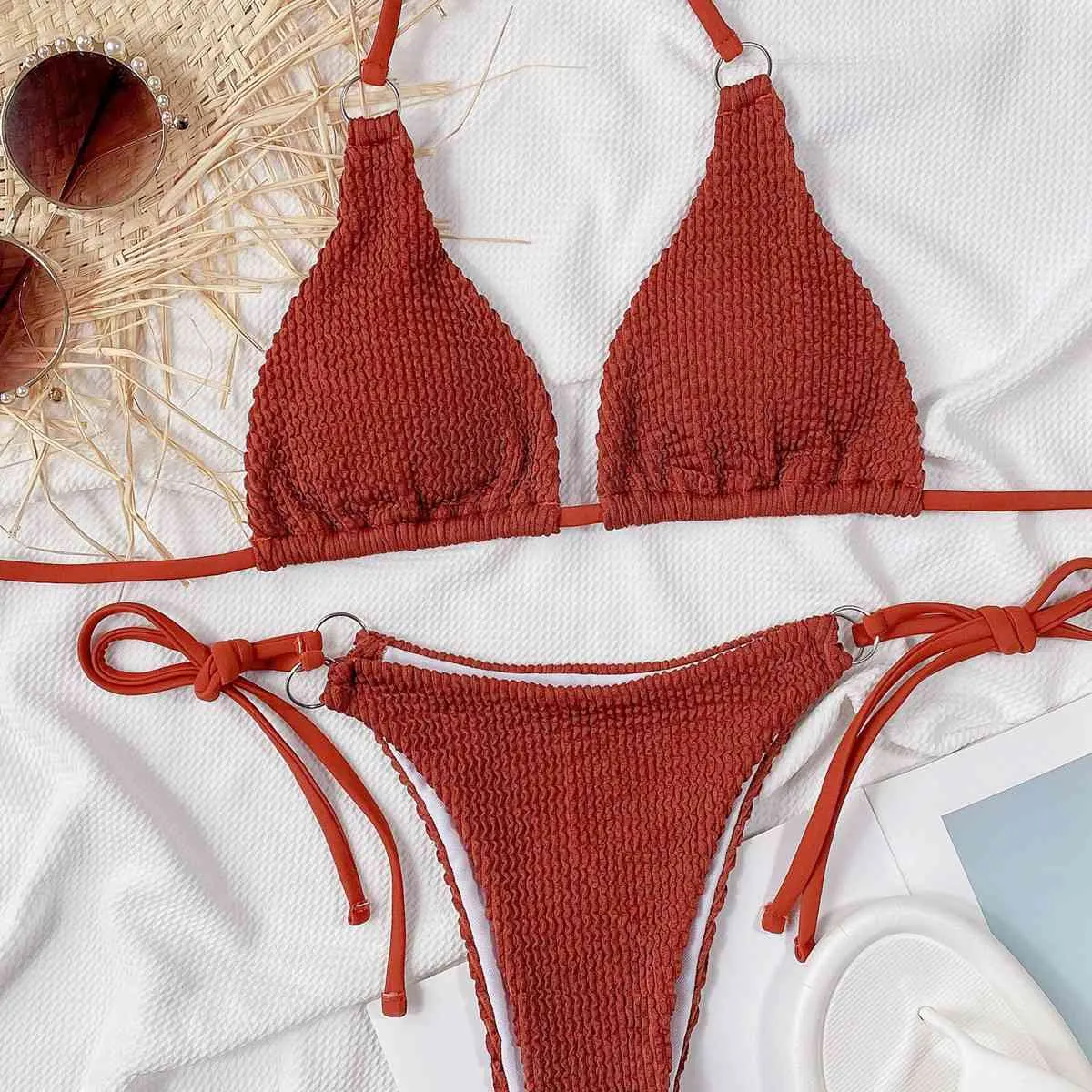 Textured Tie Side Bikini Set