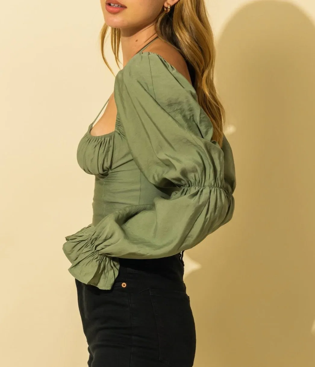 Tie Peasant Balloon Sleeve Top