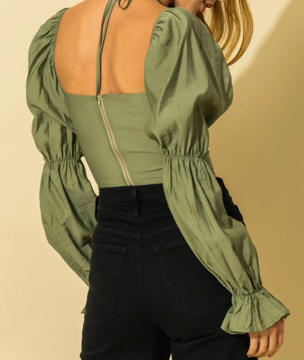 Tie Peasant Balloon Sleeve Top