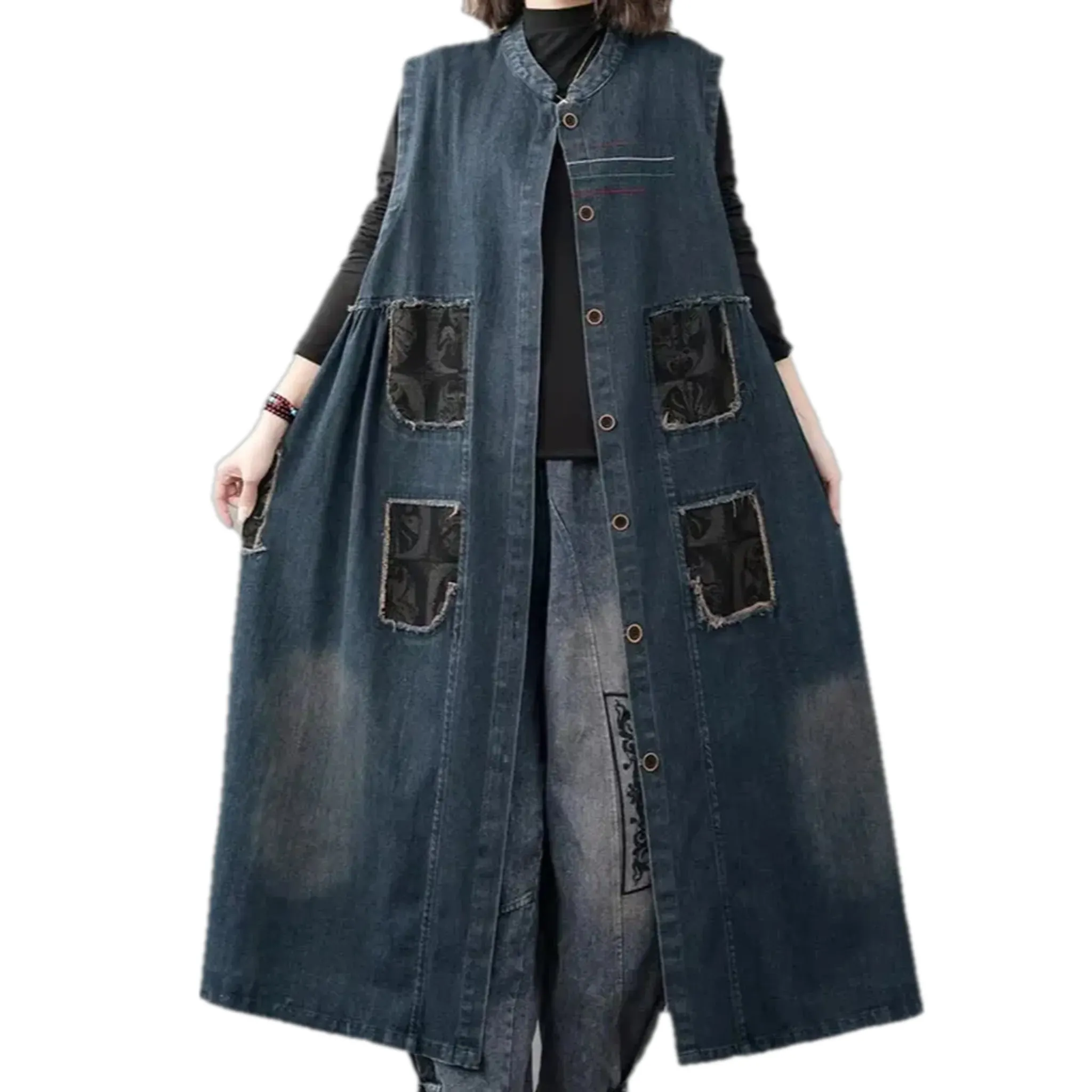 Trendy floral patchwork boho women's jeans vest