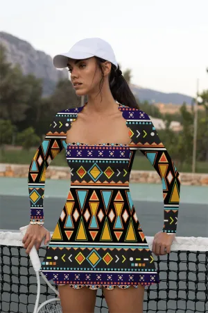Tribal Energy Long-Sleeve Tennis Dress – African Geometric Print Activewear for Women