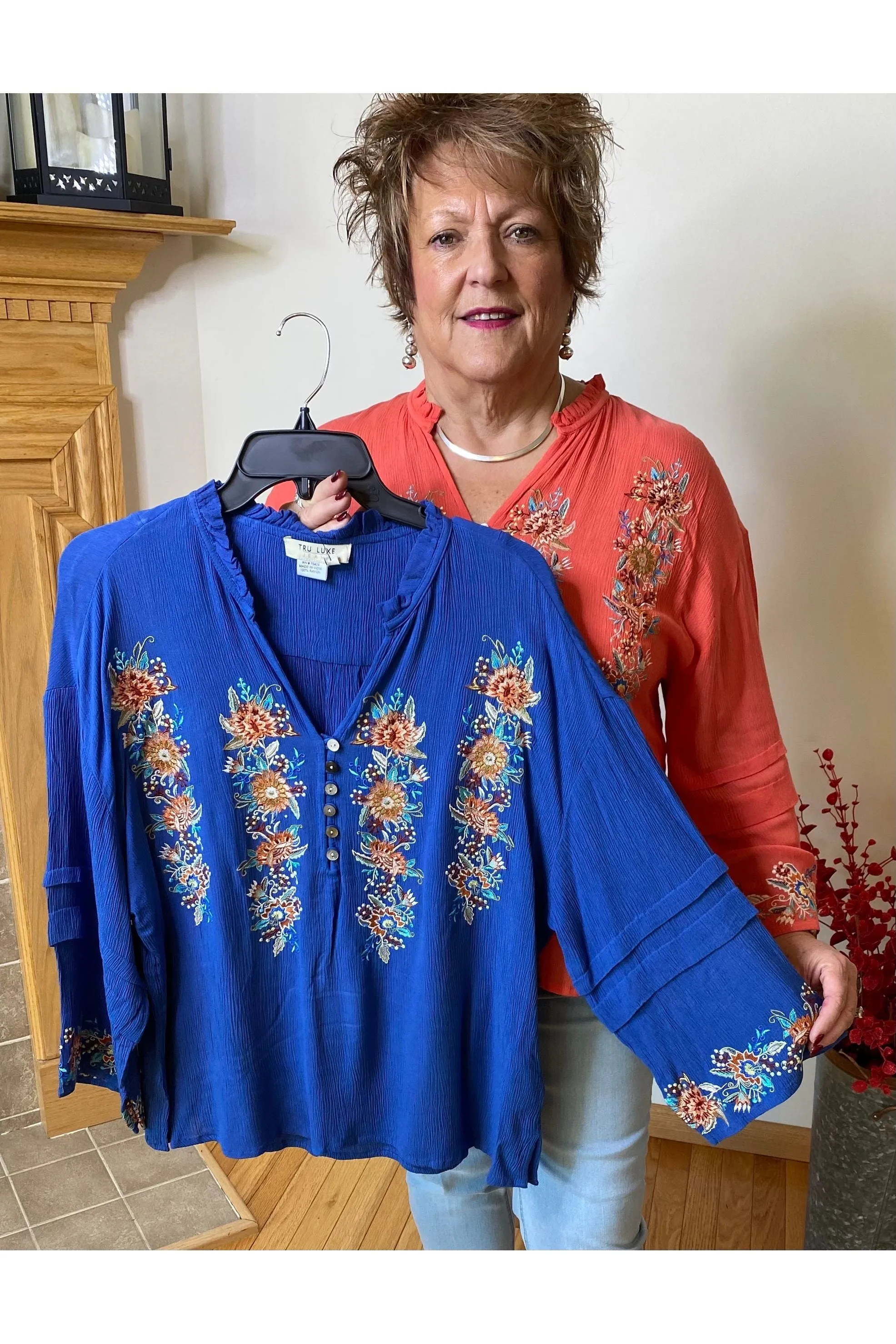 Tru Luxe - Embroidered Peasant Top - Coral & French Blue - T12265BM
