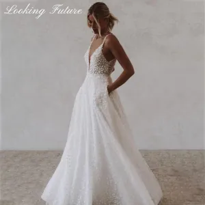 Tulle Wedding Dresse With Pocket Deep V-Neck Spaghetti Strap Bridal Gowns