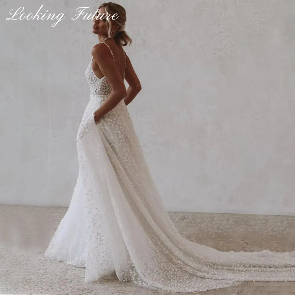 Tulle Wedding Dresse With Pocket Deep V-Neck Spaghetti Strap Bridal Gowns