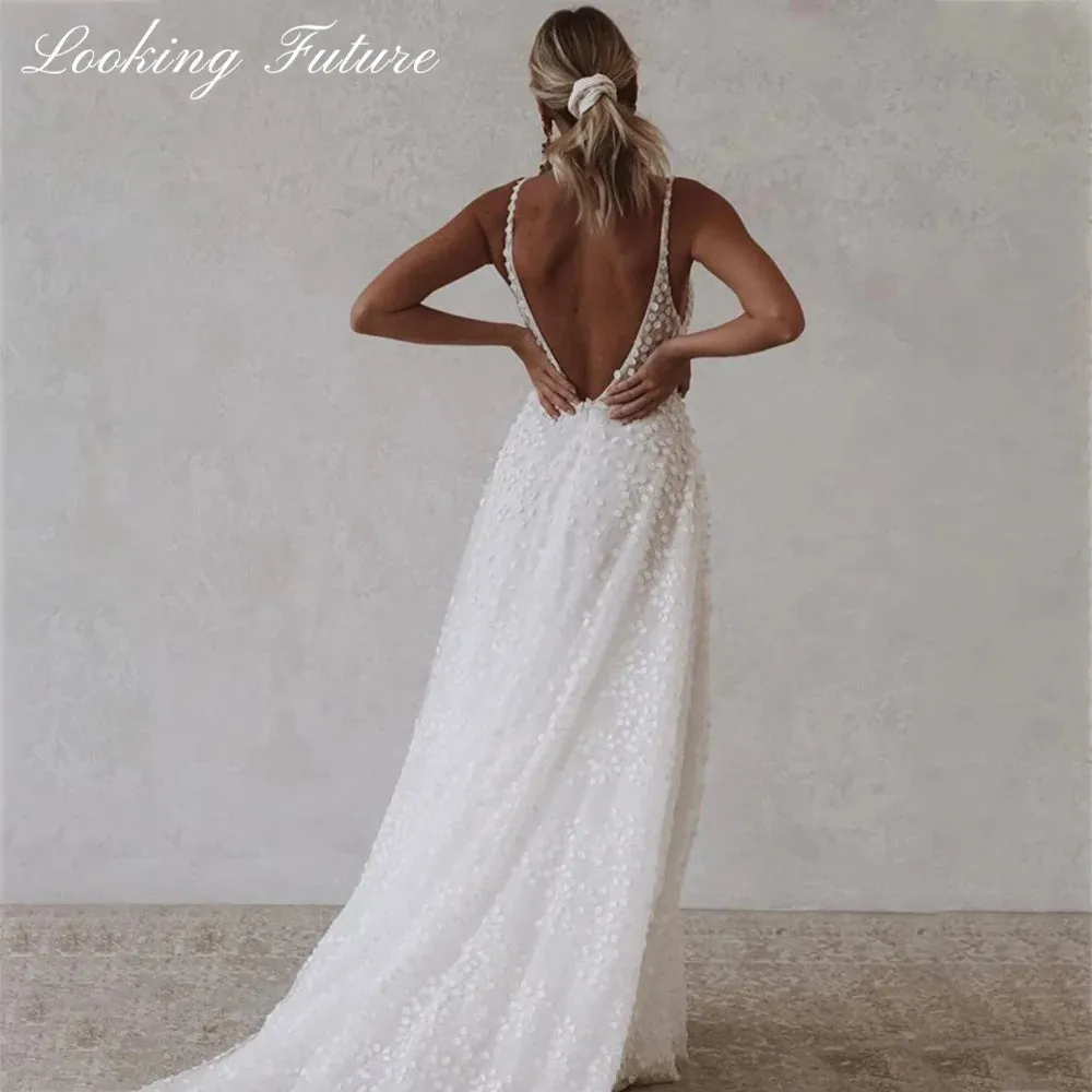 Tulle Wedding Dresse With Pocket Deep V-Neck Spaghetti Strap Bridal Gowns