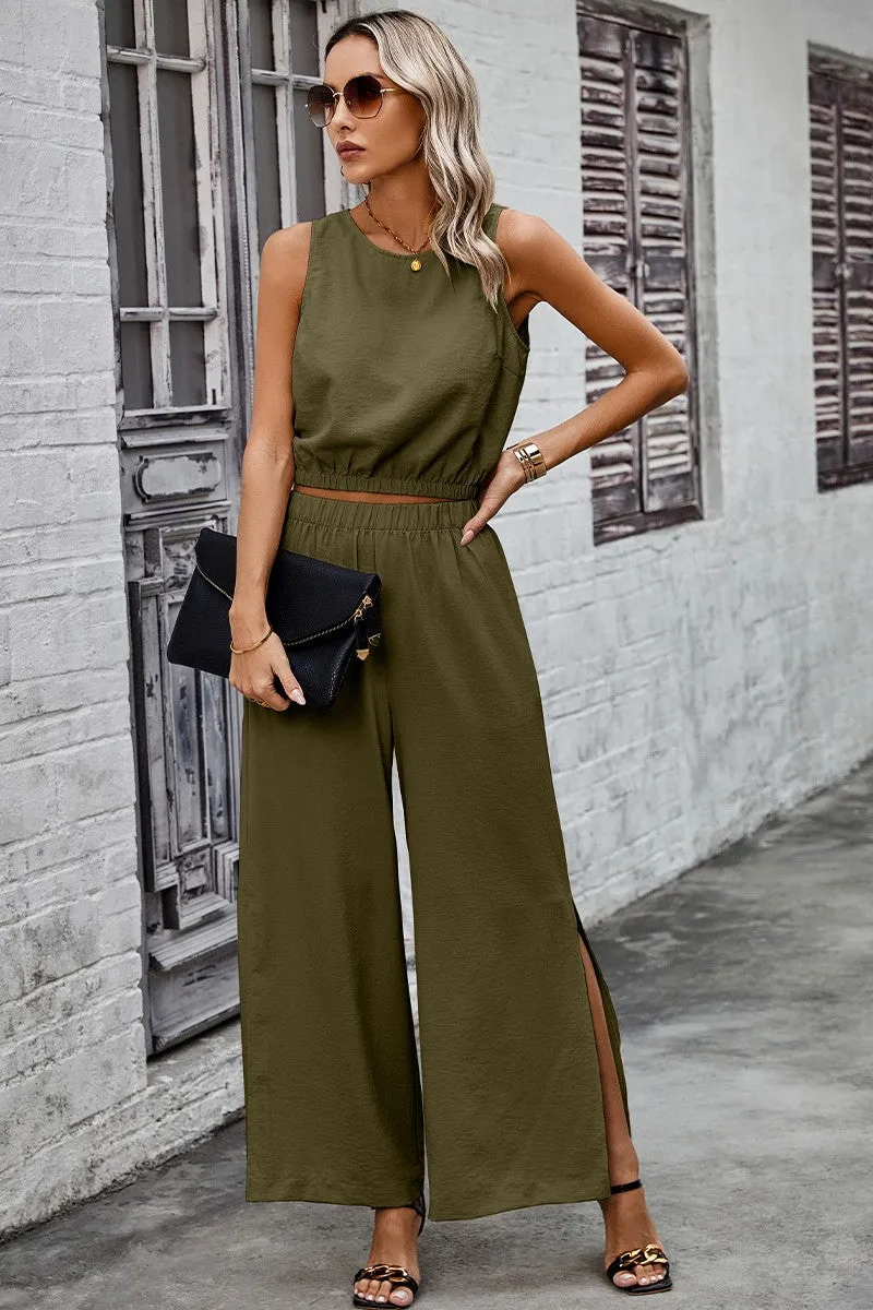 Two Pieces Side Open Pockets Sleeveless Sets