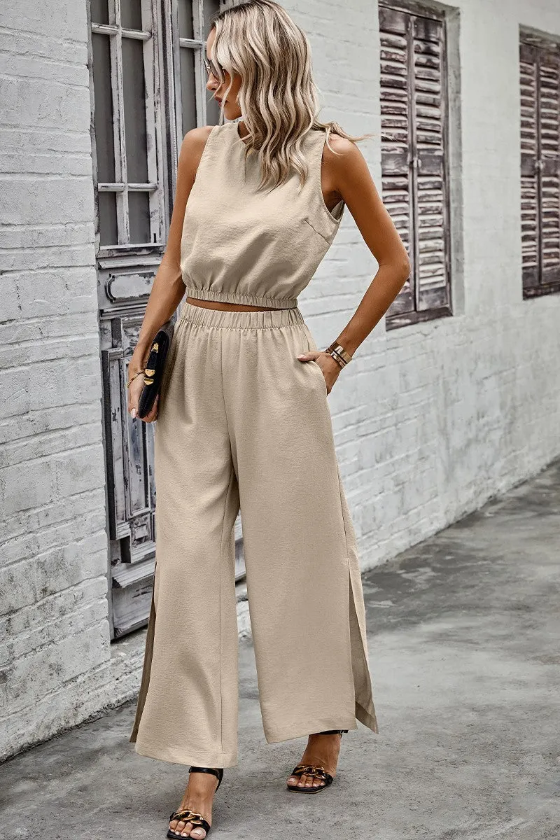 Two Pieces Side Open Pockets Sleeveless Sets