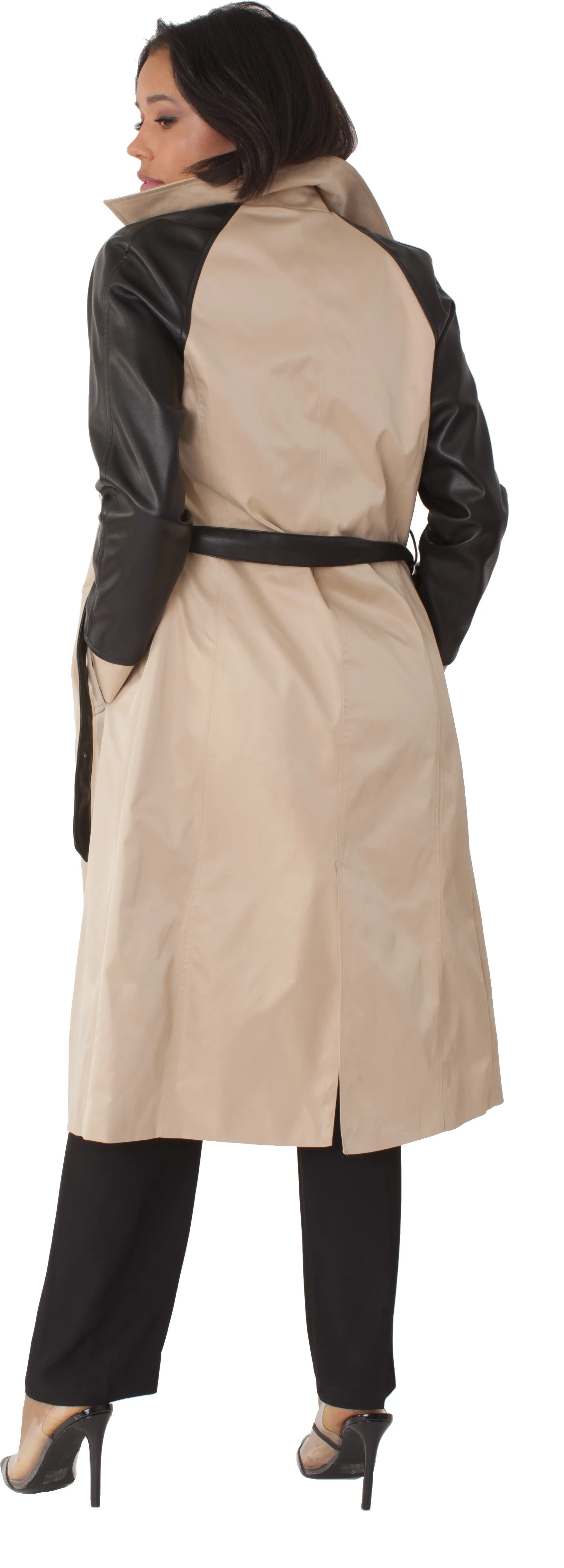 Two-Tone Leather Sleeve Trench Coat -82525