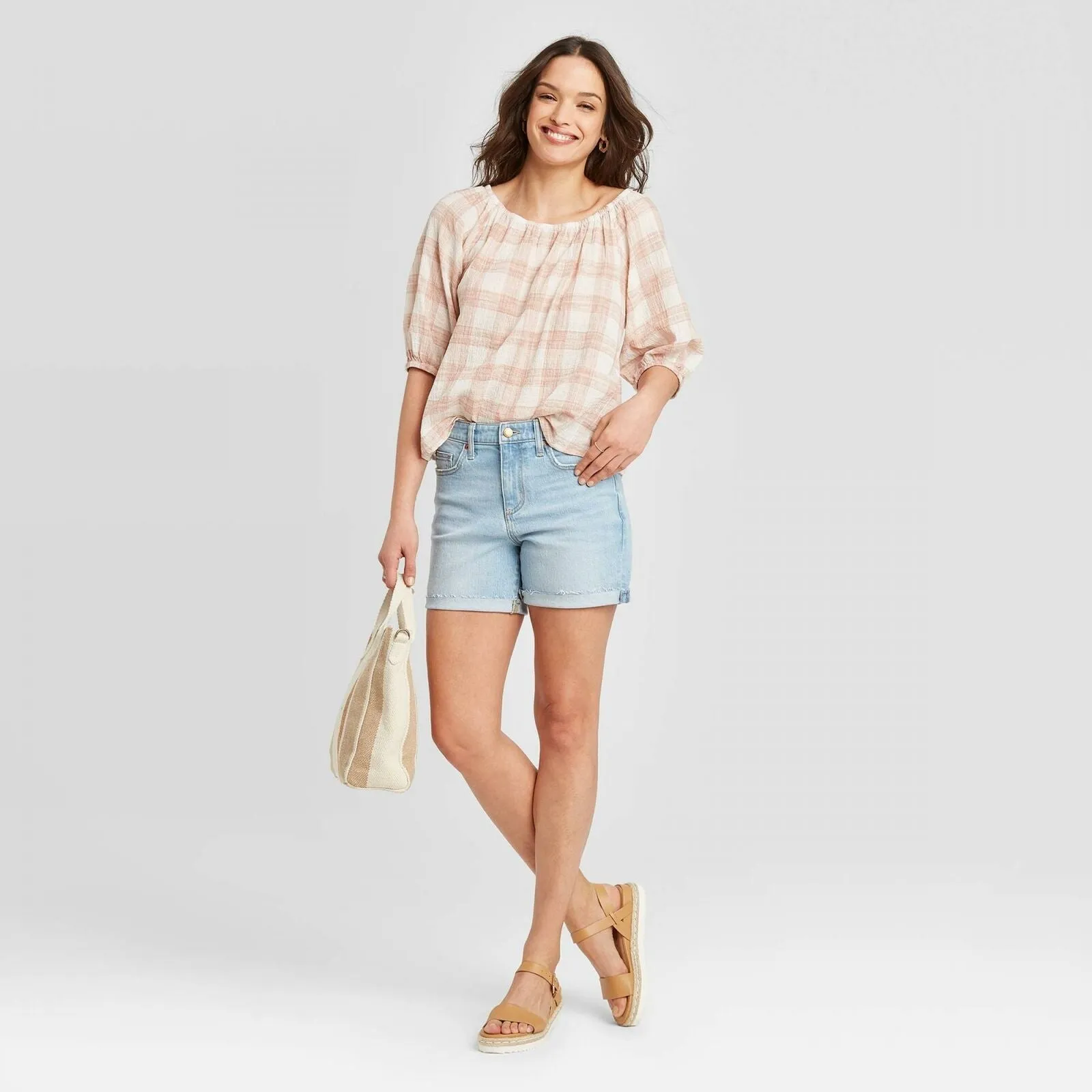Universal Thread Women's Plaid Bubble 3/4 Sleeve Round Neck Top