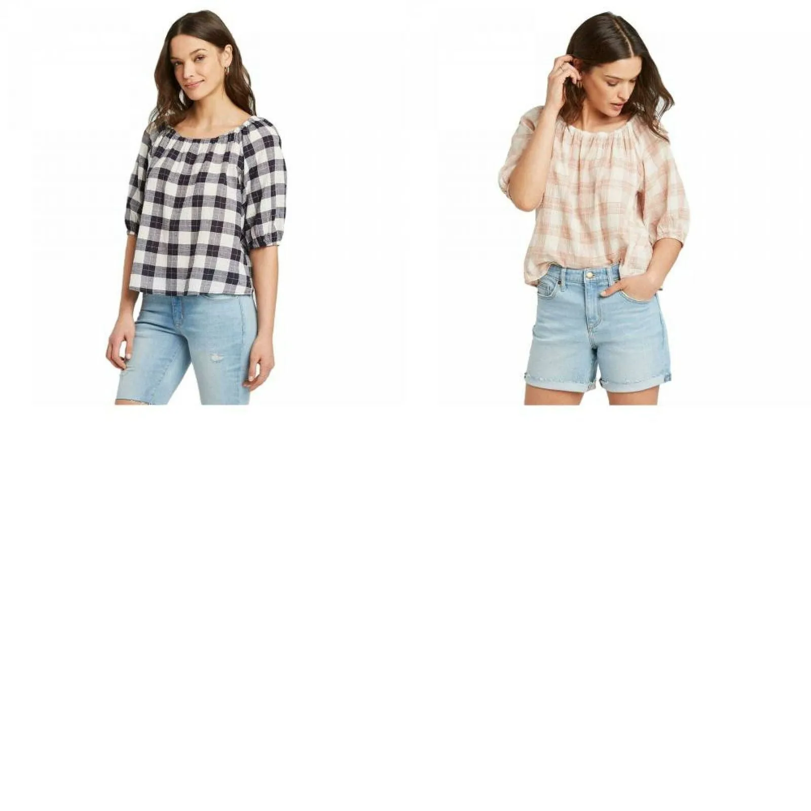 Universal Thread Women's Plaid Bubble 3/4 Sleeve Round Neck Top