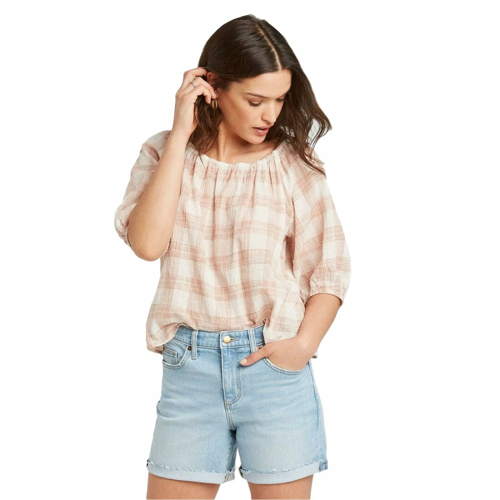 Universal Thread Women's Plaid Bubble 3/4 Sleeve Round Neck Top