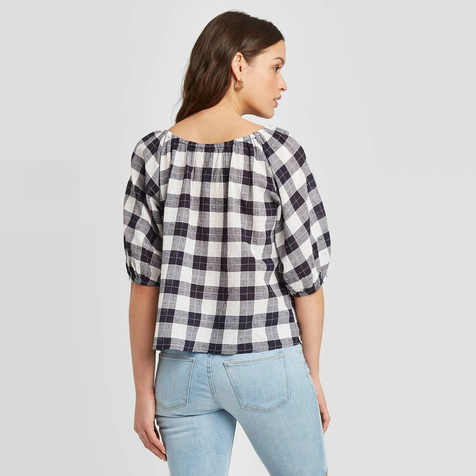 Universal Thread Women's Plaid Bubble 3/4 Sleeve Round Neck Top