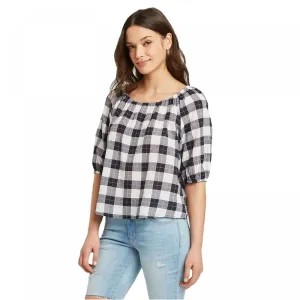 Universal Thread Women's Plaid Bubble 3/4 Sleeve Round Neck Top