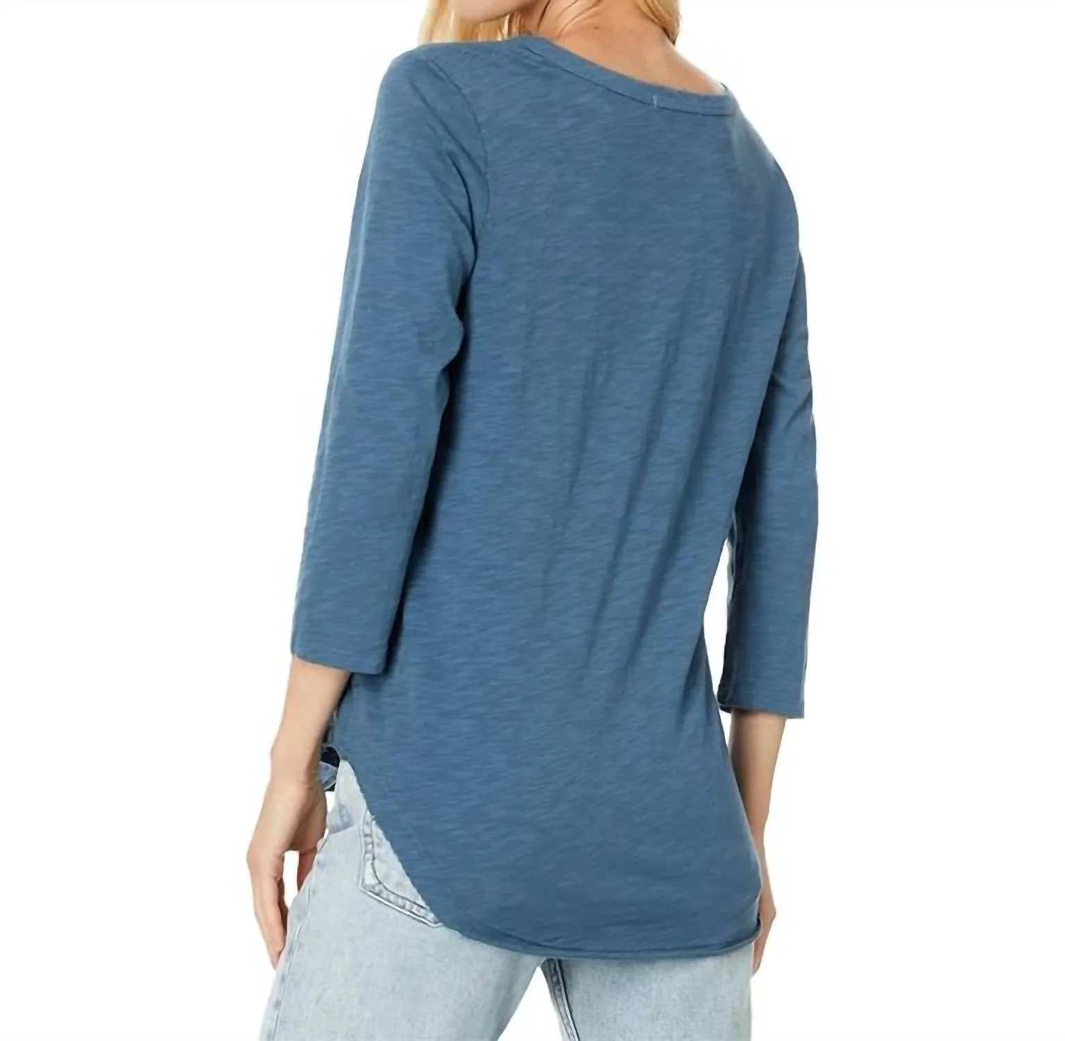 V-Neck Curve Hem Tee In River Blue