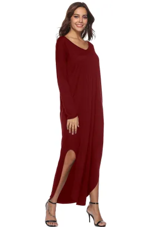 V Neck Long Sleeve Loose Solid Dresses for Women - Going Out Casual Tops for Ladies