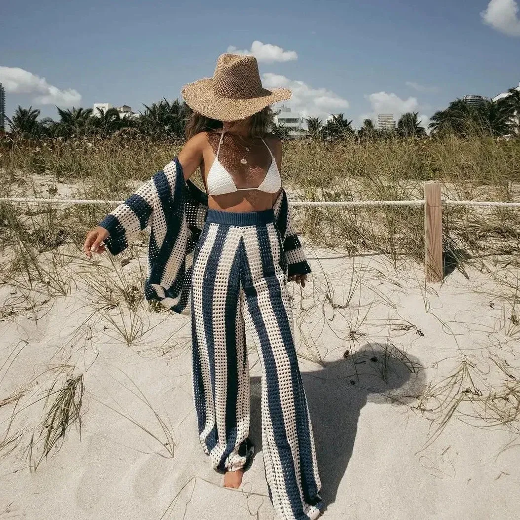 Valerina Striped Crochet Knit Top & Pants Set
